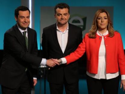 Juan Manuel Moreno, Antonio Ma&iacute;llo y Susana D&iacute;az, antes del debate.