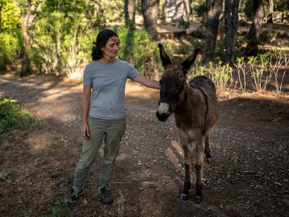 Cristina, junto a su burro, en la casa en la que vive cerca de Cenicientos (Madrid).