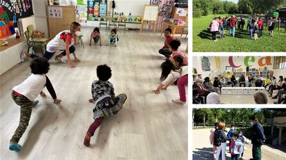 Niñas y niños de 4 años se relajan, divierten y aprenden practicando diferentes posturas de yoga. Estudiantes de la Comisión de Sostenibilidad acuden al parque Oliver para entrevistar a los jardineros y jardineras que se encargan de su cuidado y mantenimiento. Familias y docentes participando en el Foro de transformación |