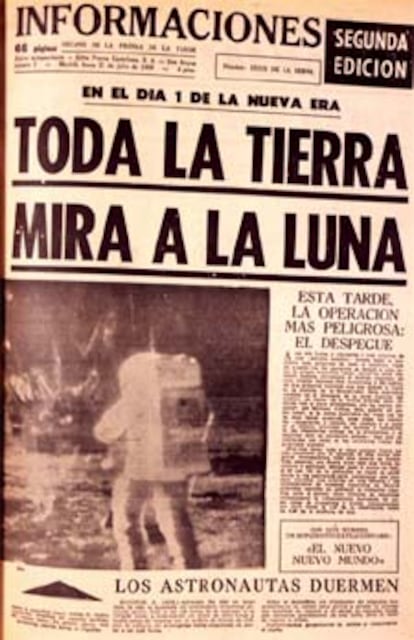 El diario <i>Informaciones</i>, dirigido por Jesús de la Serna, titula su segunda edición con un rotundo "Toda la Tierra mira la Luna. En el día 1 de la nueva era". Incluye un suplemento especial "El nuevo Nuevo Mundo".