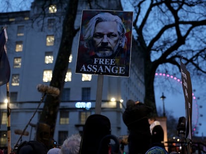 Supporters of WikiLeaks founder Julian Assange demonstrate in London on February 21, 2010.