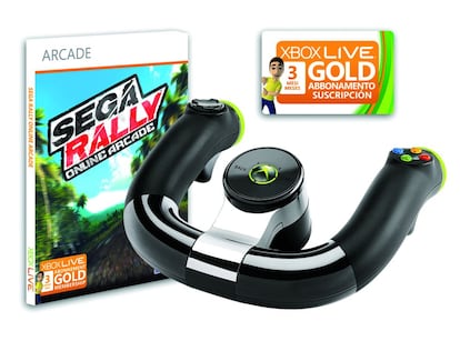 Sega Rally y volante inal&aacute;mbrico para XBOX 360, para competir a toda velocidad. Incluye tres meses de juego online. Cuesta 54,99 euros.