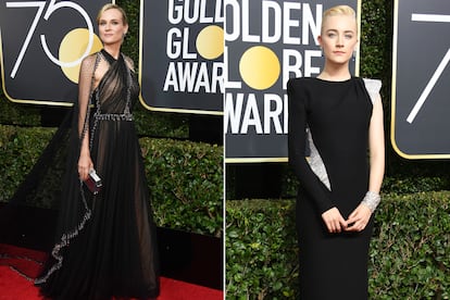 Vistiendo de negro sin vestir de negro por completo

El Prada de Diane Kruger o el Atelier Versace de Saoirse Ronan son dos buenos ejemplos de cómo romper el riguroso negro sin estridencias. La primera eligió un vestido cuajado de pedrería y destellos brillantes. Ronan hizo lo propio gracias a los detalles plateados de su elección.