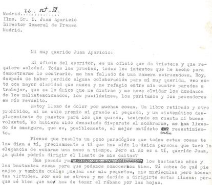 Fragmento del comienzo de la carta con la que Cela renunció a su trabajo en el Ministerio de Información, bajo la dictadura de Franco.