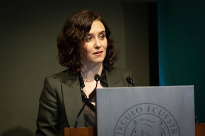 Isabel Díaz Ayuso, durante su discurso en el Círculo Ecuestre de Barcelona este viernes.