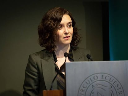 Isabel Díaz Ayuso, durante su discurso en el Círculo Ecuestre de Barcelona este viernes.