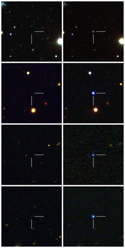 Las cuatro supernovas muy azules y brillantes y su entorno estelar antes de la explosión.