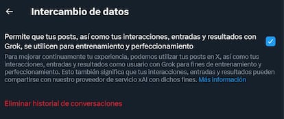 Captura de la configuración de X que permite entrenar Grok, marcada por defecto.