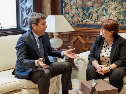 El presidente de la Generalitat Valenciana, Carlos Mazón, en la reunión con la presidenta de la Acadèmia Valenciana de la Llengua, Verònica Cantó, este lunes.