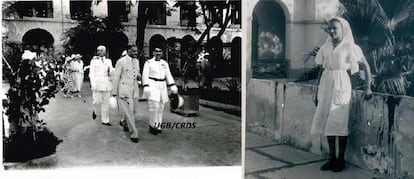 A la izquierda, visita de una delegación ministerial francesa al hospital en 1943, a la izquierda, una enfermera en 1950.