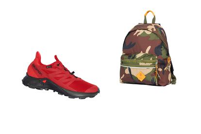 De izq. a dcha.: zapatillas de trekking de la marca Salomon (antes 130€, ahora 91€) y mochila de Timberland (antes 65€, ahora 43€). Perfectas para una escapada a la montaña. Disponibles en Las Rozas Village y La Roca Village.