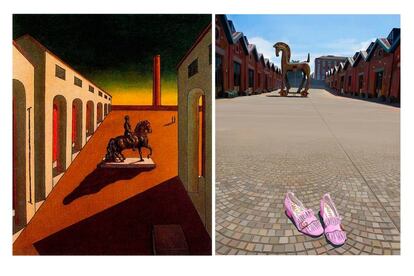 'Plaza italiana con estatua ecuestre' de Giorgio de Chirico frente a la pieza de Ignasi Monreal