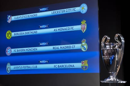 Tela mostra os duelos das quartas de final da Liga dos Campeões.