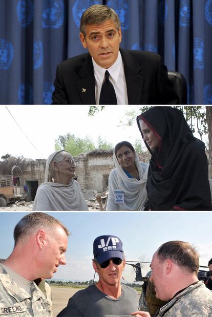 De arriba a abajo, George Clooney, embajador de la ONU; Angelina Jolie, en Pakistán, y Sean Penn, en Haití.