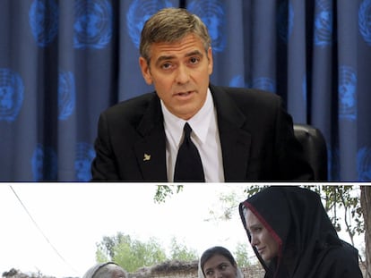 De arriba a abajo, George Clooney, embajador de la ONU; Angelina Jolie, en Pakistán, y Sean Penn, en Haití.