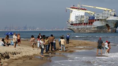 One of the ships that ran aground off the coast of Valencia, due to last week's heavy storms.
