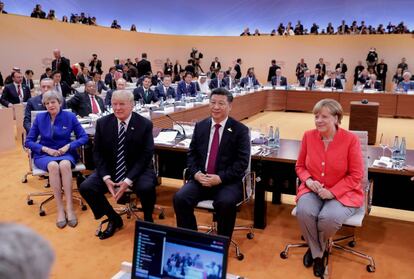 Los líderes de EE UU, China, Alemania y Reino Unido, en el G20 del año pasado en Hamburgo. REUTERS