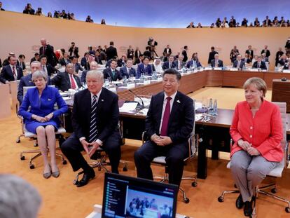 Los líderes de EE UU, China, Alemania y Reino Unido, en el G20 del año pasado en Hamburgo. REUTERS