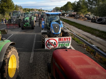 Decenas de tractores cortan la autopista AP-7 este martes en Pontós (Girona).