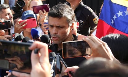 López speaks to the press at the Spanish ambassador's residence in Caracas.