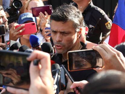 López speaks to the press at the Spanish ambassador's residence in Caracas.