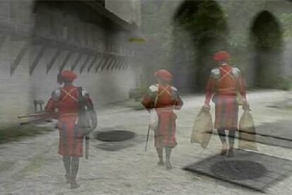 Soldados de la Edad Media virtuales que pasan junto al ciberturista mientras visita la antigua Basilea.