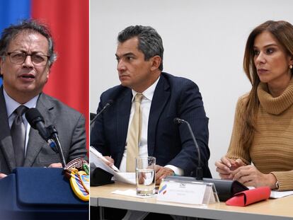 Gustavo Petro junto al presidente y la vicepresidenta del CNE, Alfonso Campo Martínez y Maritza Martínez.