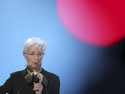 Christine Lagarde, presidenta del BCE, este jueves en Fráncfort.