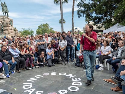 Pablo Iglesias, durante un acto electoral de la formación en la Plaza España de Palma, el 15 de abril de 2019.