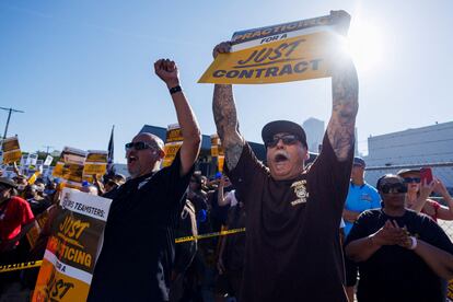 Teamster member Sergio Martinez yells out during a rally outside a UPS facility in downtown in Los Angeles, California, U.S. July 19, 2023.