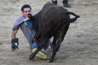 Un hombre sufre la embestida de un toro en la plaza de San Sebastián de los Reyes.
