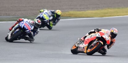 Pedrosa, Lorenzo y Rossi, en un momento de la carrera en Motegi.
