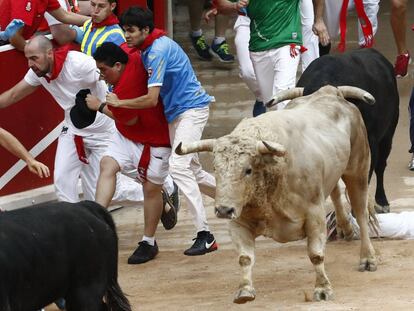 Corredores en la entrada de la plaza de toros de Pamplona en el quinto encierro de San Fermín.