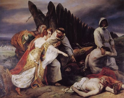 Edith Swanneck reconociendo el cuerpo del rey Haroldo en Hastings, de Horace Vernet (1828)