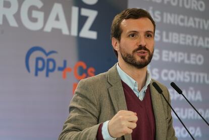El presidente del Partido Popular, Pablo Casado, en el acto de presentación del candidato a lehendakari de la coalición PP+C's, en Santurtzi, en Bizkaia.