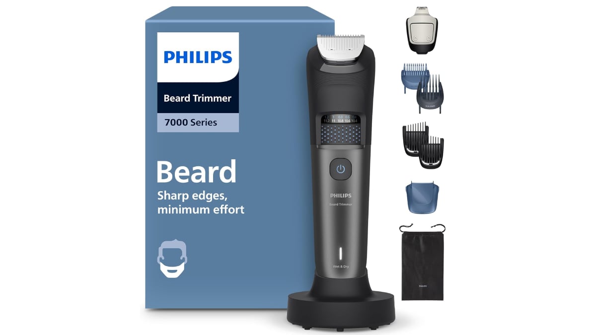 Recortadora de barba Philips con cuchillas autoafilables.