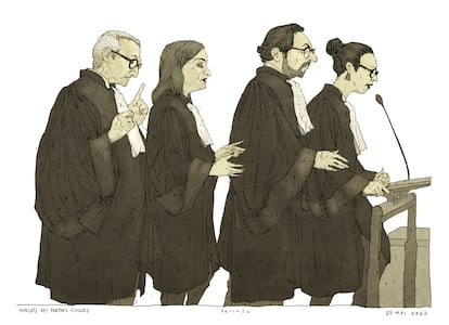 Dibujo de los abogados de las partes civiles, el 25 de mayo en el tribunal que juzga los atentados de París.