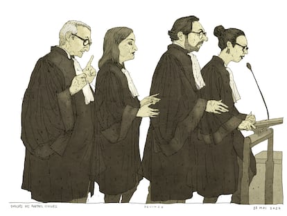 Dibujo de los abogados de las partes civiles, el 25 de mayo en el tribunal que juzga los atentados de París.