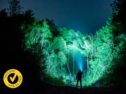 Un hombre en el bosque con una linterna.