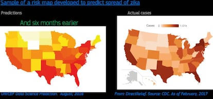 Muestra de la predicción del zika que llevó a cabo Unicef gracias a este proyecto en 2016 en Estados Unidos y que resultó bastante acertada.