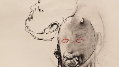 Una de las 55 cabezas que Bernardí Roig dibujó durante el confinamiento por Covid-19 en torno a la cabeza perdida de Goya.