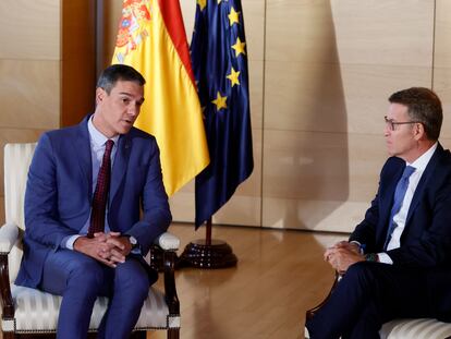 Pedro Sánchez y Alberto Núñez Feijóo, durante la reunión que han mantenido este miércoles en el Congreso.