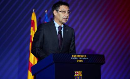 El presidente del Barcelona, Josep Maria Bartomeu, en la Asamblea de Compromisarios del club del pasado octubre. 