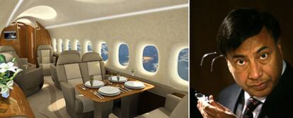 Izquierda, interior del avión. Derecha, Lakshmi Mittal, el indio más rico según <i>Forbes.</i>