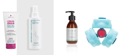Desde la izda., Cryo Dren de Veralab, Icy Legs de Germaine de Capuccini, Relax Hydrogel de Lico y el cabezal Cool Legs de Glo910.