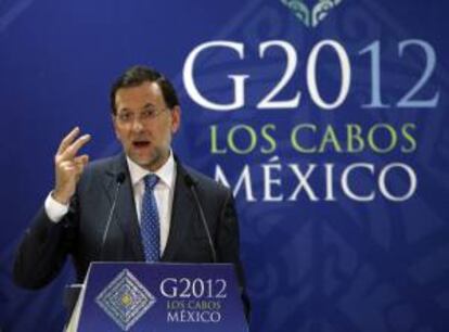 El presidente del Gobierno de España, Mariano Rajoy, durante la rueda de prensa ofrecida hoy tras concluir la cumbre del G20 en Los Cabos, al noroeste de México. EFE/Archivo