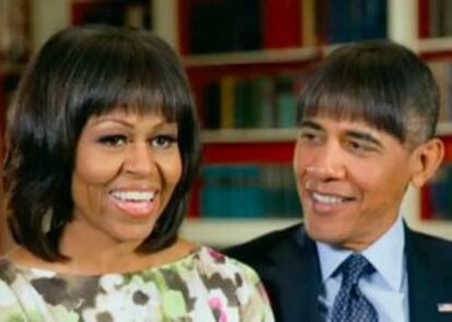 Un montaje de Obama con el flequillo de su esposa, Michelle Obama, una de las bromas del presidente en la cena de corrresponsales.