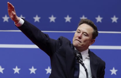 SpaceX CEO Elon Musk gestures during a rally on the inauguration day of U.S. President Donald  Trump's second Presidential term, inside Capital One, in Washington, U.S. January 20, 2025. 