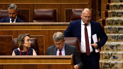 Miguel Ángel Tellado, portavoz parlamentario del PP, se dirige a la tribuna este jueves. Sentados, Cuca Gamarra y Alberto Núñez Feijóo.