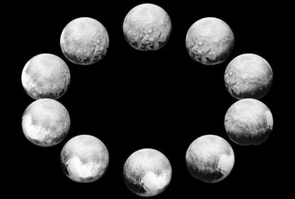 Usando fotos tomadas por la nave New Horizons, los científicos de la NASA han creado una imagen que muestra cómo es una rotación completa del planeta enano. Las imágenes fueron tomadas mientras que la nave sobrevolaba Plutón el pasado mes de julio, a una distancia de entre 650.000 kilómetros y 8 millones. Plutón gira mucho más despacio que la Tierra: tarda alrededor de seis días y medio terrestres en completar un día plutoniano. Una de las cosas que llama la atención de la imagen es la forma de corazón que aparece en los fotos de la parte inferior. Según los expertos, la nave New Horizons tomó esas fotos cuando más cerca estaba del planeta, lo que hace que sean las que se ven con más detalle.